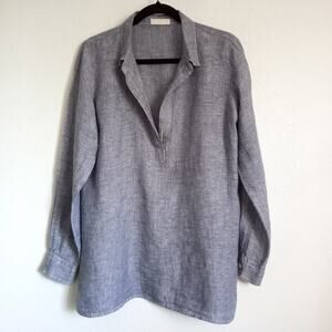 CP SHADES Blue Linen Tunic Top SZ LG Long Sleeve Plunge VNeck Collar Cuffs